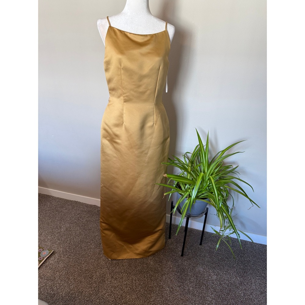 Watters and Watters NEW Gold‎ Satin Formal Gown Low Back Square Neck Sz 10 VTG